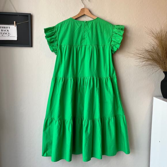 Marielle Almelo Dress Green Tiered Ruffle Sleeve A-Line Nap Cotton Midi Dress OS - Picture 6 of 8